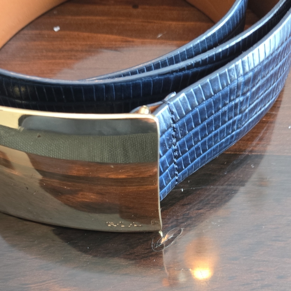 Ralph Lauren Navy Crocodile-Embossed Belt with Gold Buckle